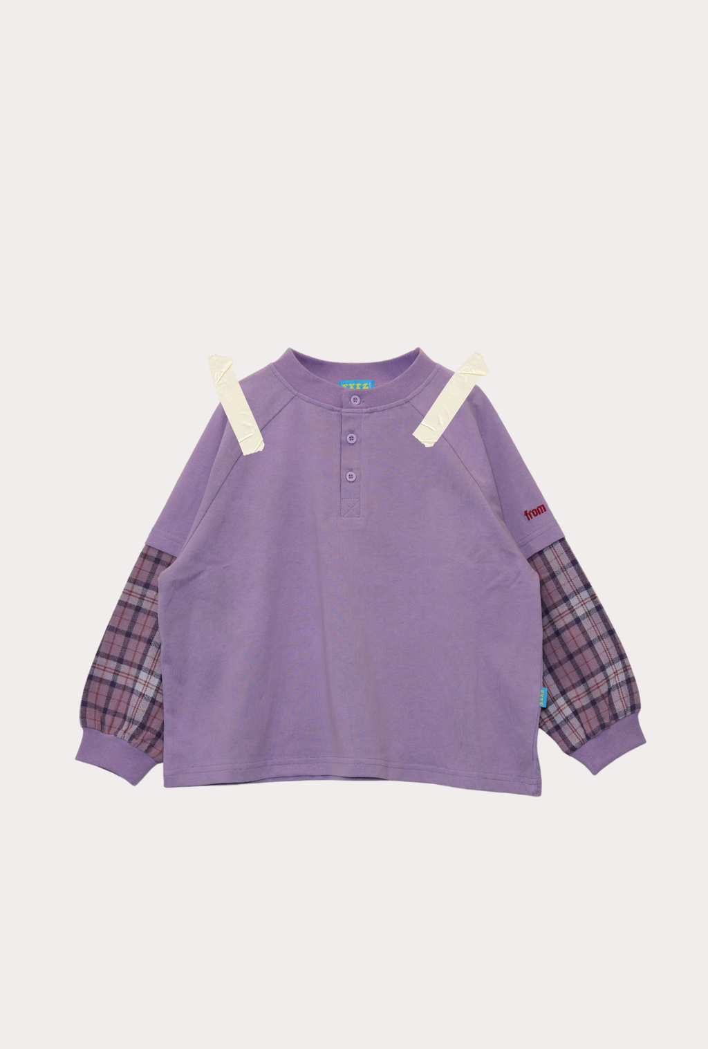 Kids double-sleeve top in fig — Ollie Top by From Y To Z purple lilac tee with plaid sleeves