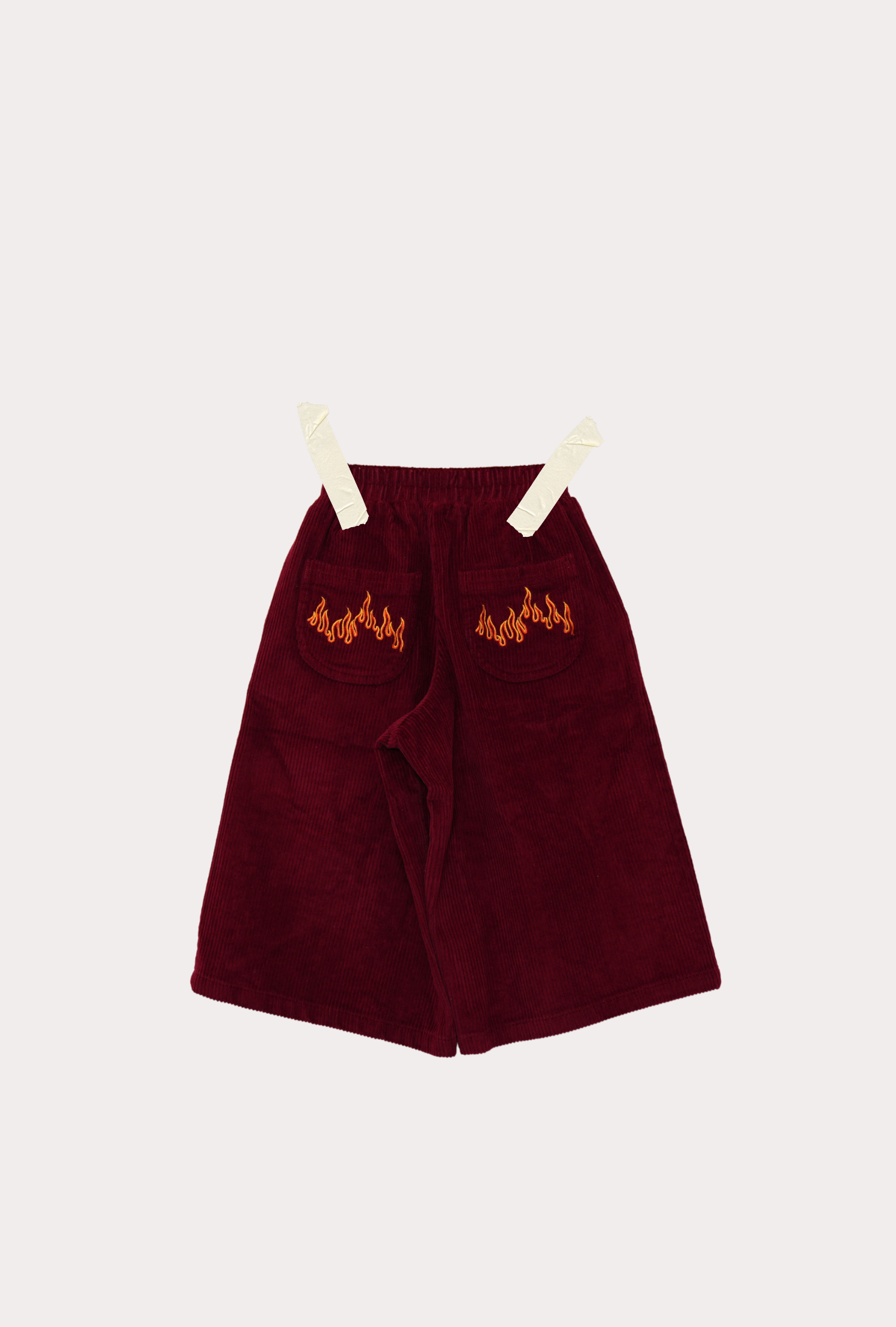 Kids wide leg corduroy pants in flame red with embroidered flame design — Blaze Cord Pant by From Y To Z