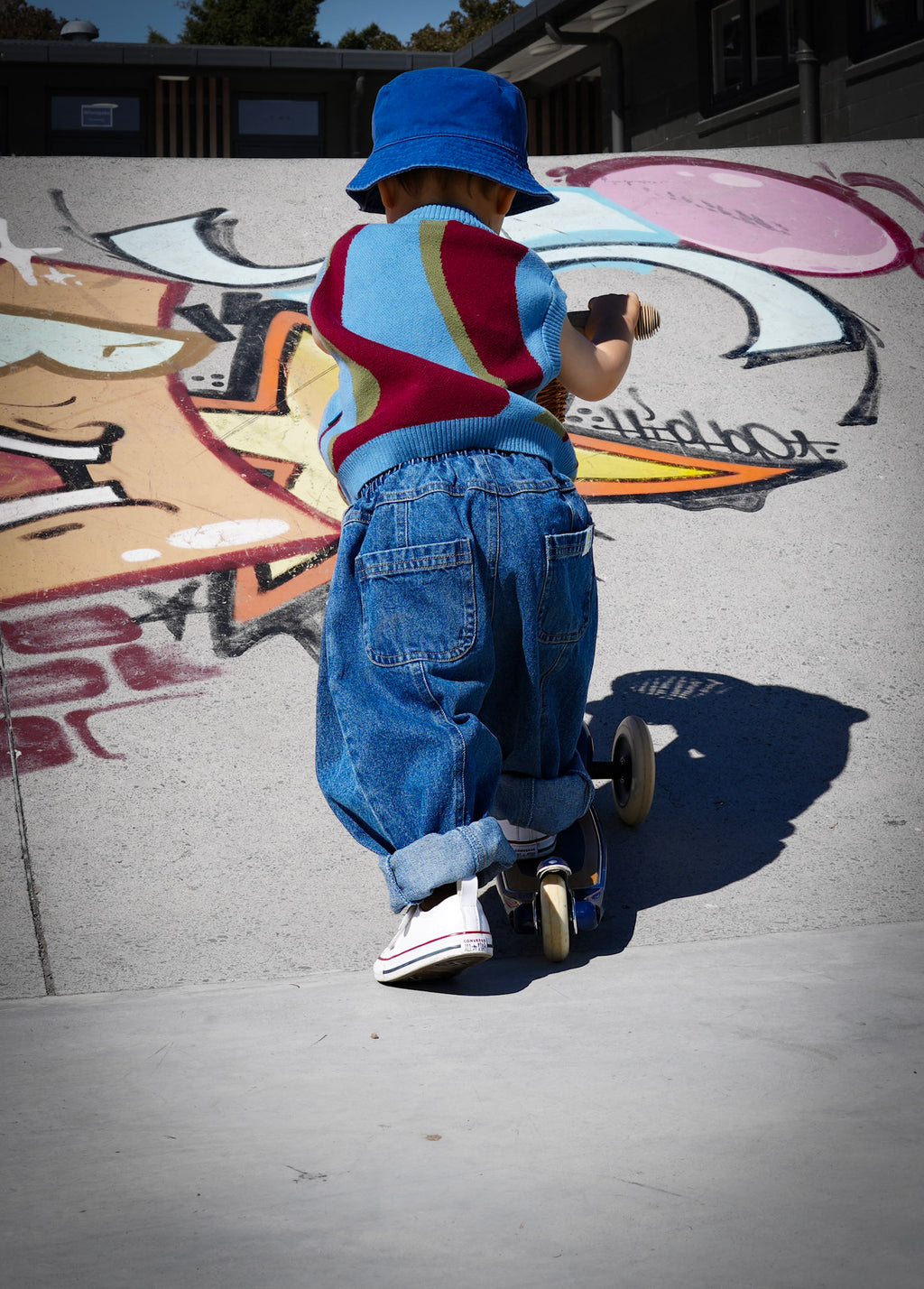 Child modelling Ruhi wide-leg kids jeans in true blue — From Y To Z NZ