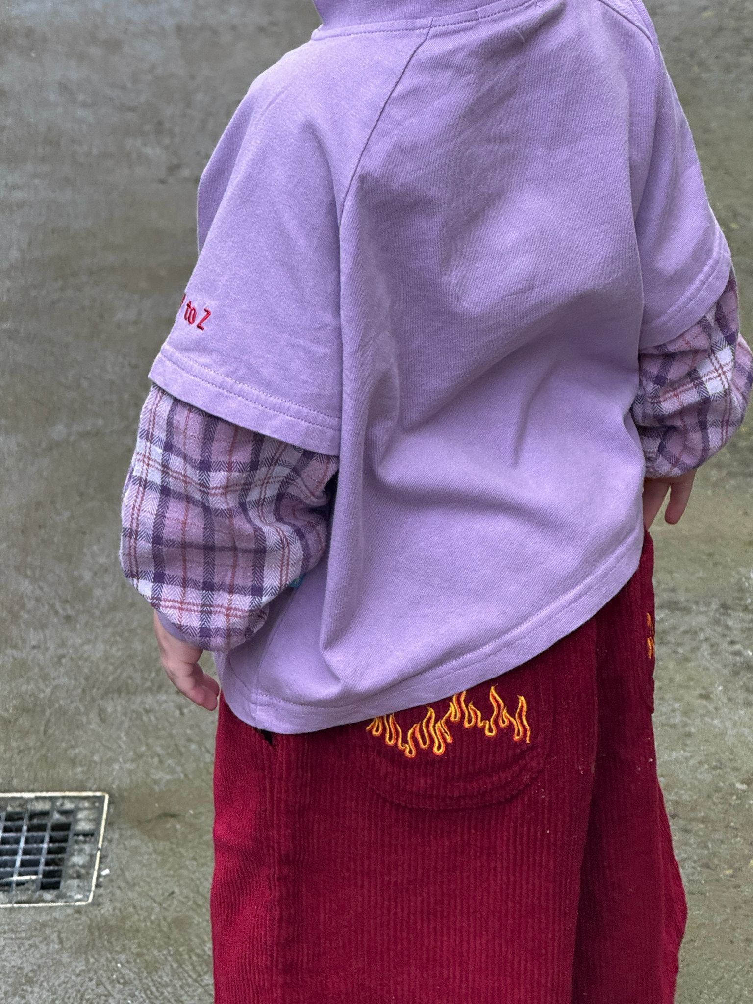 Person wearing a purple plaid longsleeve and red pants with flame design on a concrete floor.